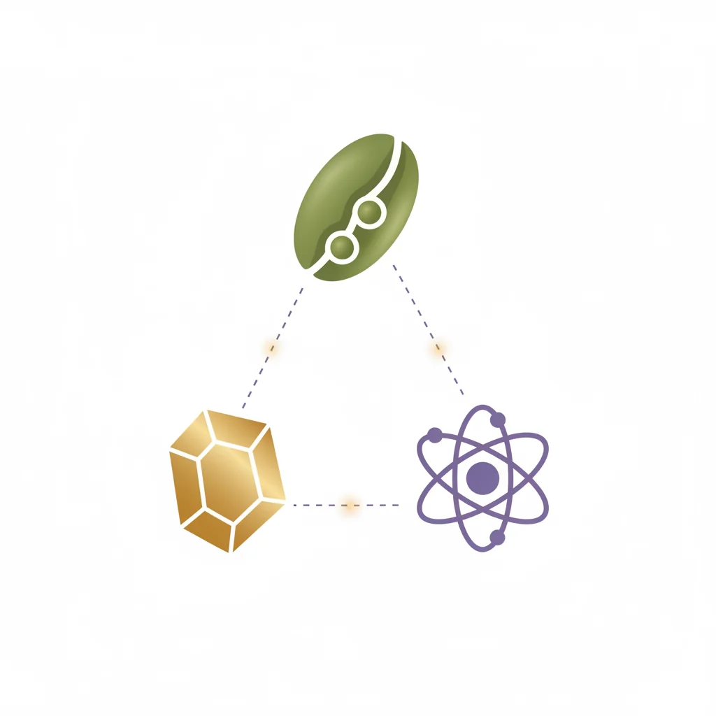 Botanical extract icons - green coffee bean, zinc crystal, and chromium atom - illustrating the synergy of plant-based nutrients