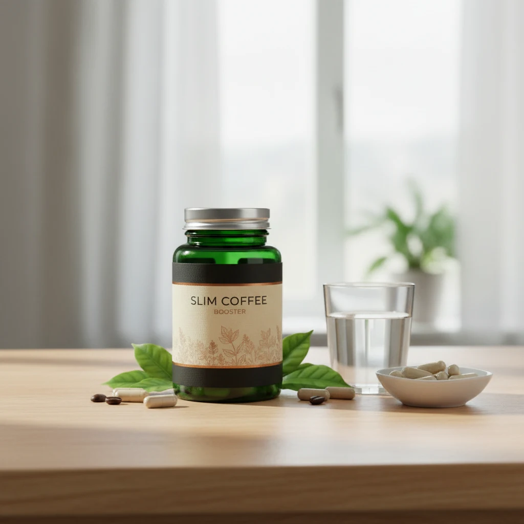 Slim Coffee Booster box on oak surface with ceramic spoon and green coffee beans - premium supplement photography